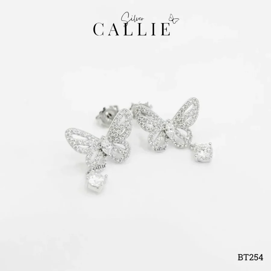 BT254 - Bông tai bạc Callie Silver bươm bướm đính đá và đá treo Mois 4li xi bạch kim