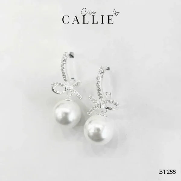 BT255 - Bông tai bạc Callie Silver khoen đính đá charm nơ treo hột bẹt