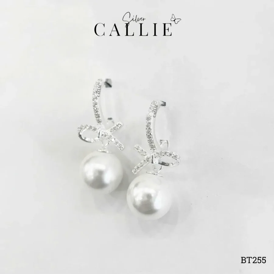 BT255 - Bông tai bạc Callie Silver khoen đính đá charm nơ treo hột bẹt