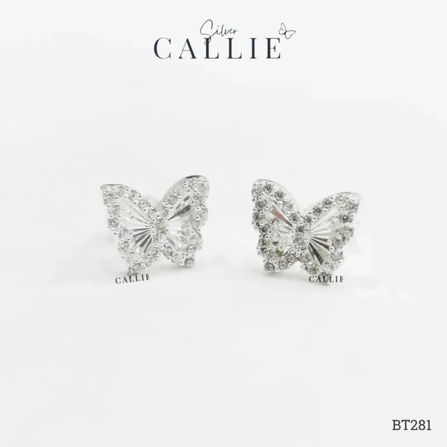 BT281 - Bông tai bạc Callie Silver Bướm Móc Máy Viền Đính Đá