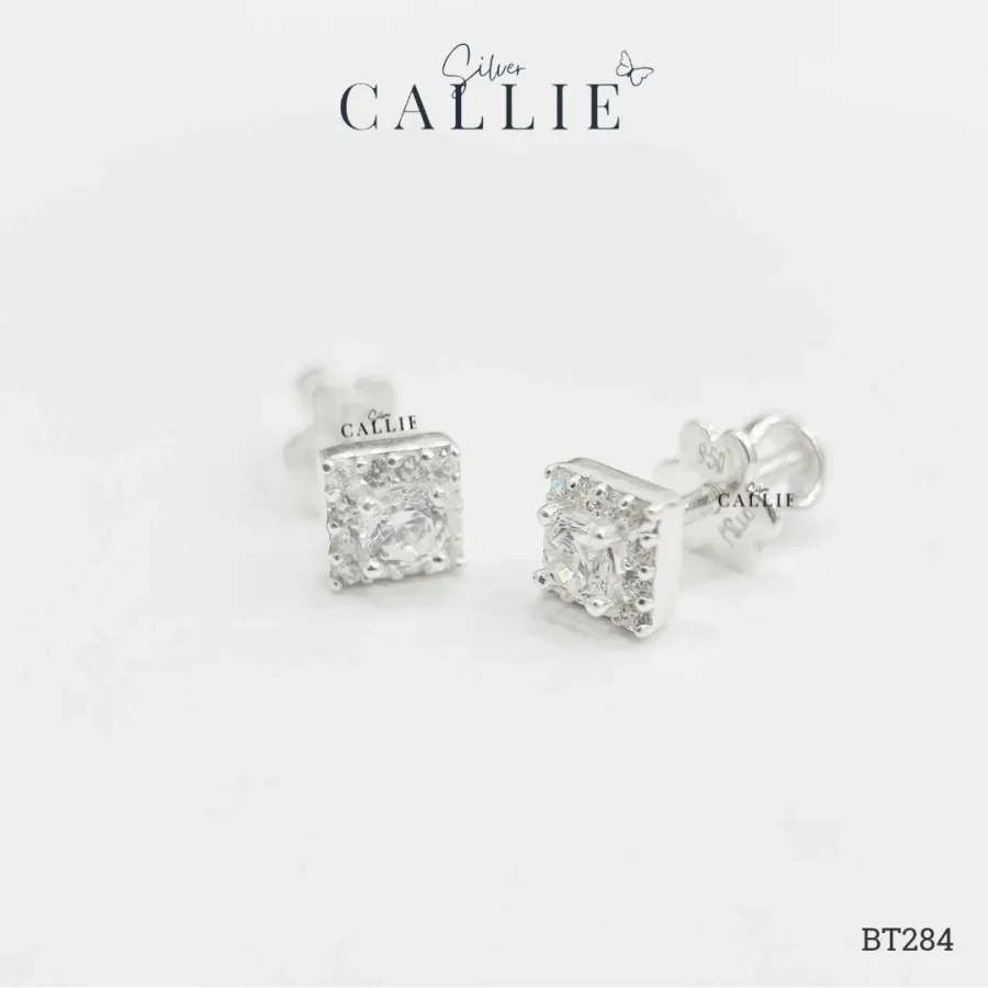 BT284 - Bông tai bạc Callie Silver 1 Viên Chủ Viền Vuông
