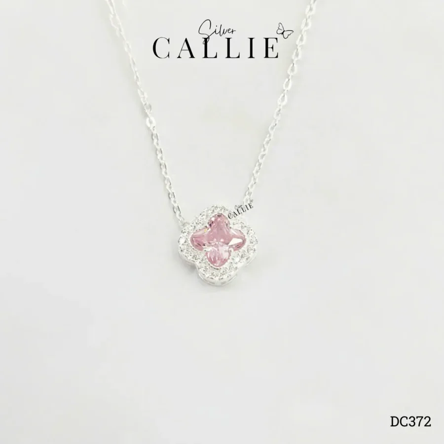 DC372 - Dây chuyền bạc Callie Silver mặt cỏ 4 lá đá hồng viền đính đá