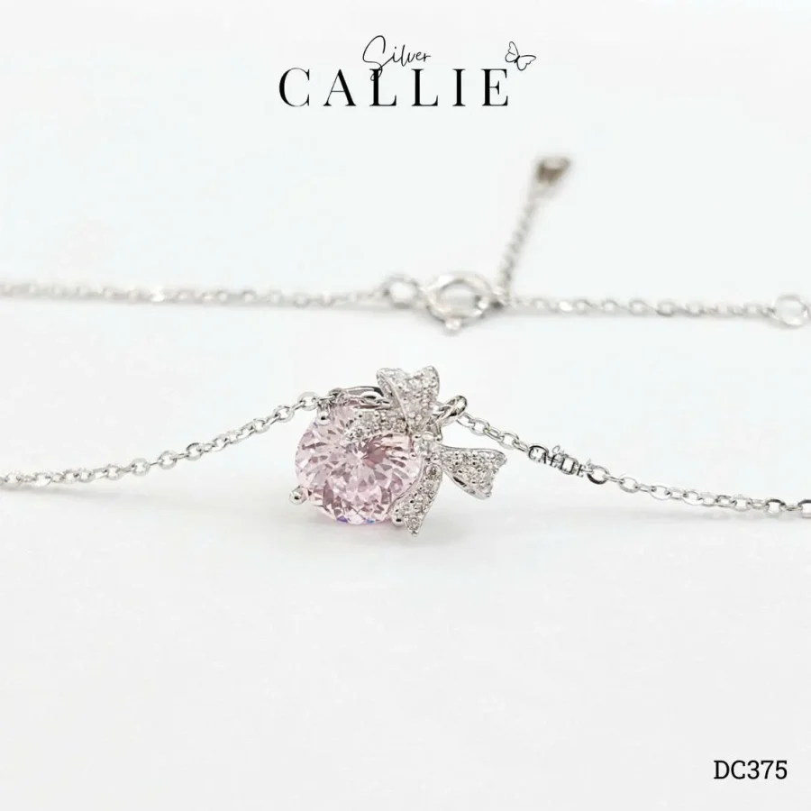 DC375 - Dây chuyền bạc Callie Silver mặt dây nơ đá hồng nhạt 8li