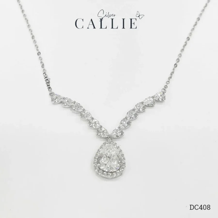 DC408 - Dây Chuyền Bạc Callie Silver Cô Dâu Halo Pear Chevron Drop