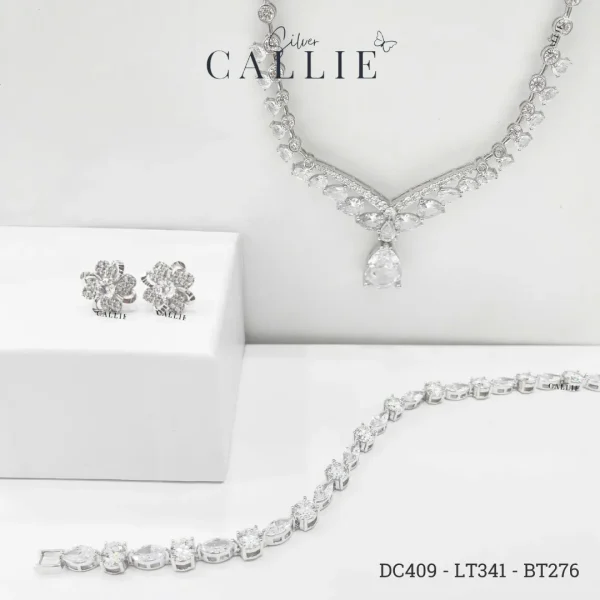 DC409 - LT341 - BT276: Bộ Trang Sức Bạc Callie Silver Cô Dâu Bezel Pear Drop