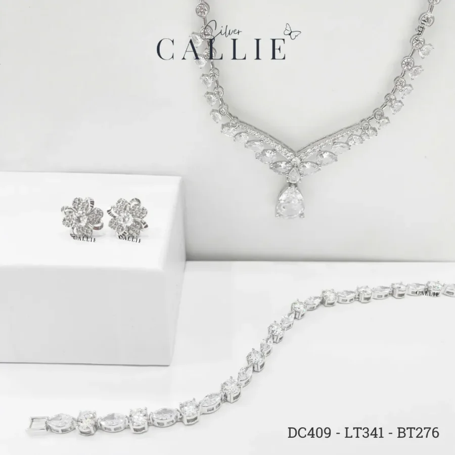 DC409 - LT341 - BT276: Bộ Trang Sức Bạc Callie Silver Cô Dâu Bezel Pear Drop