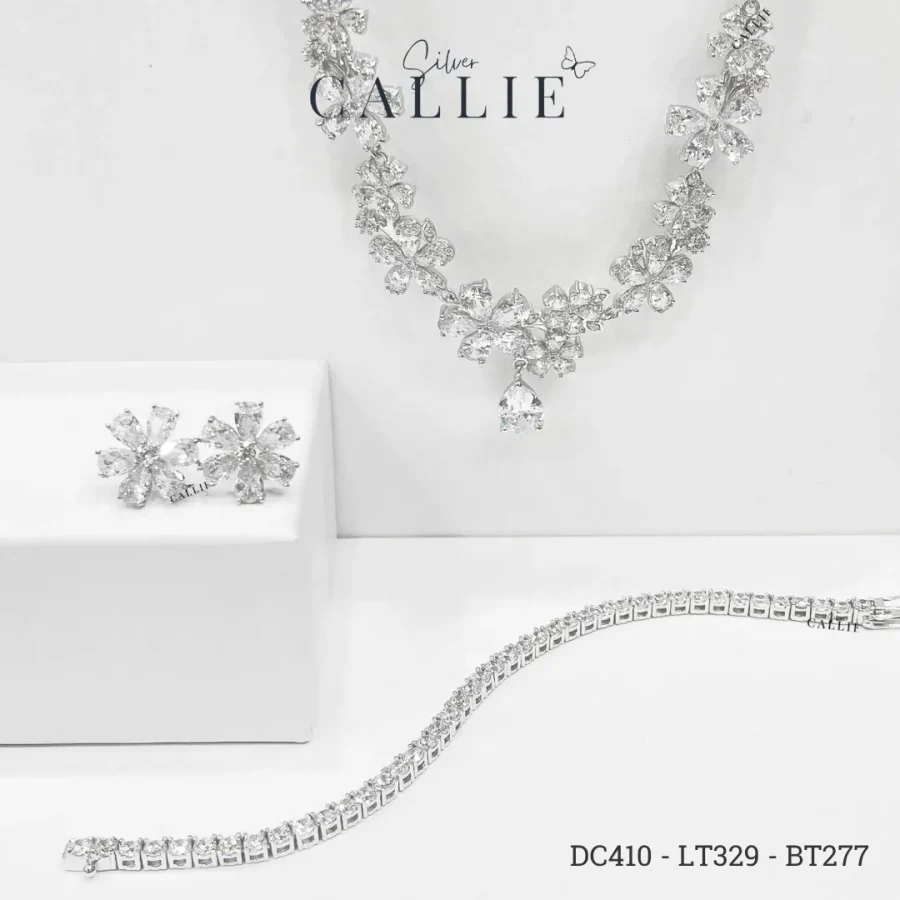 DC410 - LT329 - BT277: Bộ Trang Sức Callie Silver Cô Dâu Hoa Anh Đào