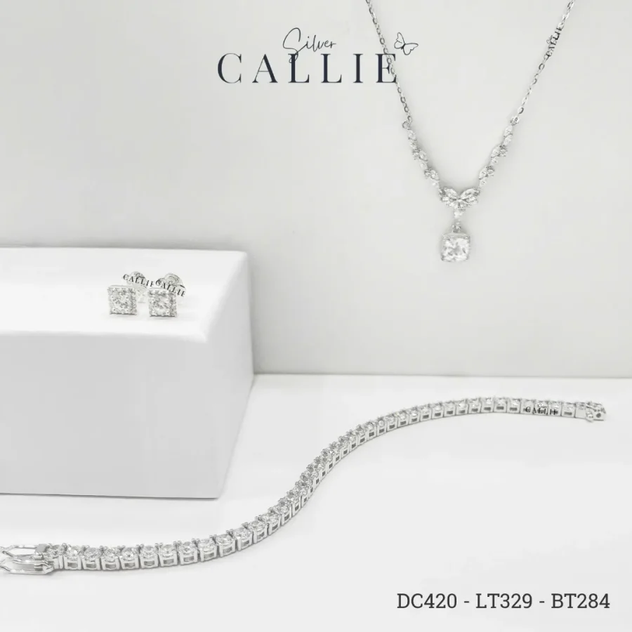 DC420 - LT329 - BT284: Bộ trang sức bạc Callie Silver Mặt Vuông Đính Đá