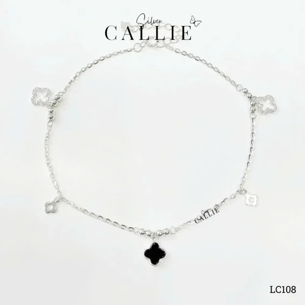 LC108 - Lắc chân bạc Callie Silver cỏ 4 lá đen và đính đá