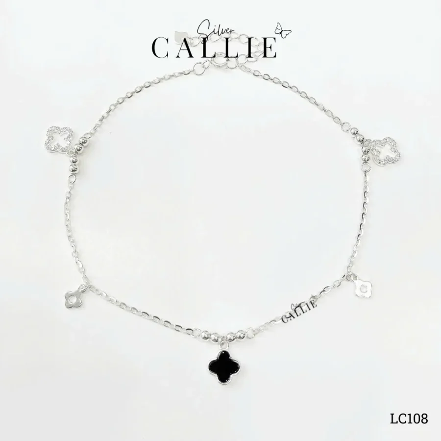 LC108 - Lắc chân bạc Callie Silver cỏ 4 lá đen và đính đá