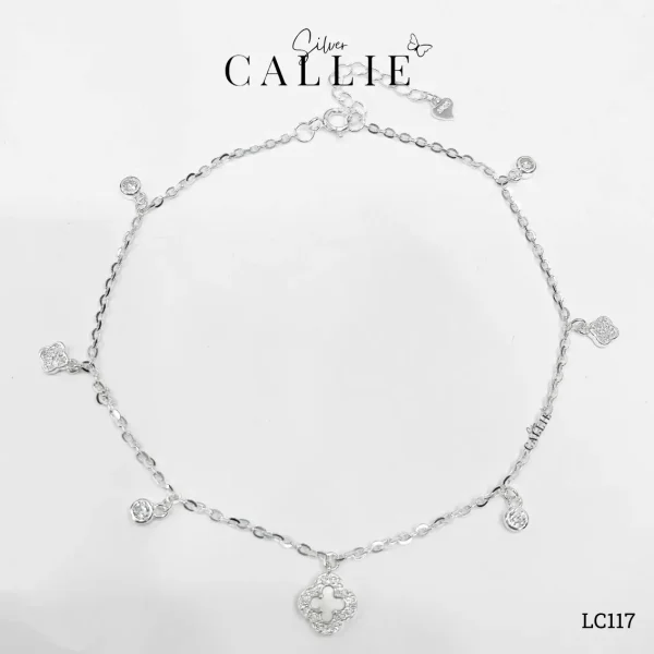LC117 - Lắc chân bạc Callie Silver cỏ 4 lá xà cừ và đá treo