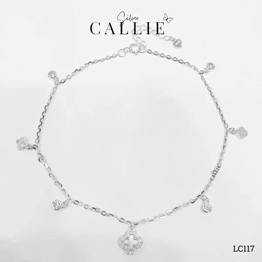 LC117 - Lắc chân bạc Callie Silver cỏ 4 lá xà cừ và đá treo