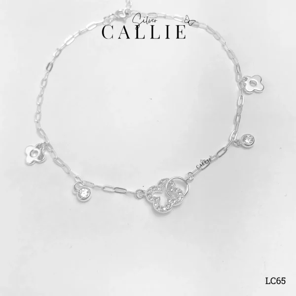 LC65 - Lắc chân bạc Callie Silver cỏ 4 lá đính đá và hoa trơn