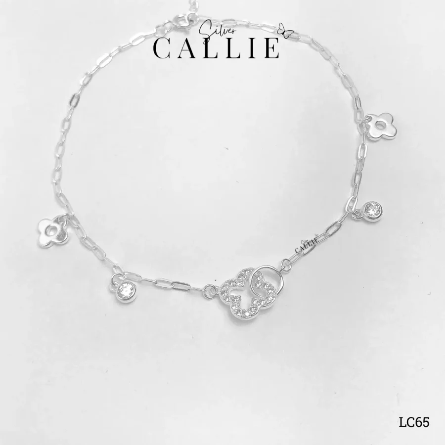 LC65 - Lắc chân bạc Callie Silver cỏ 4 lá đính đá và hoa trơn