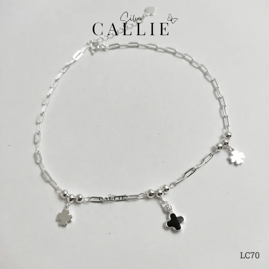 LC70 - Lắc chân bạc Callie Silver cỏ 4 lá đen