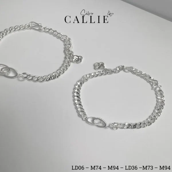 LD06 - LD36: Lắc tay đôi Callie Silver mặt lồng nhau kèm cỏ 4 lá
