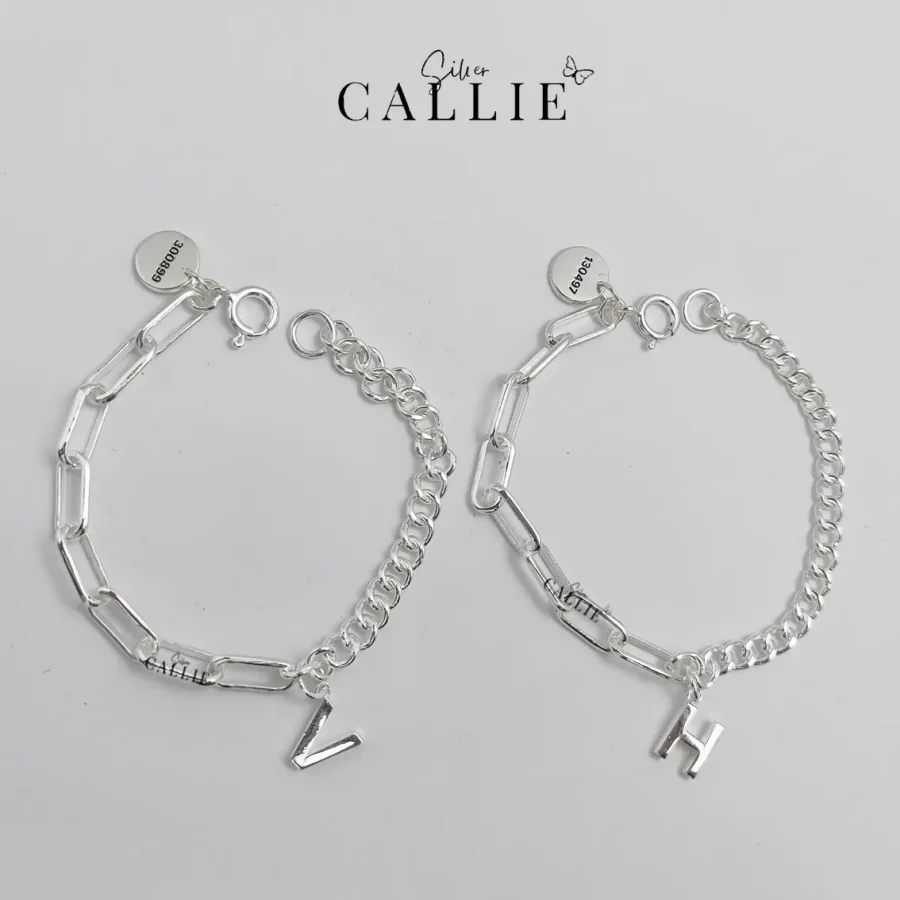 LD11 - Lắc Tay Bạc Đôi Callie Silver Chữ Cái Dày Và Charm Khắc
