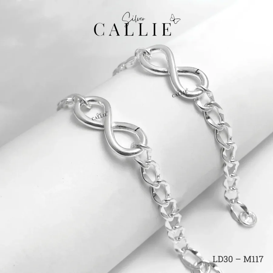 LD30 - M117: Lắc Tay Bạc Đôi Callie Silver Vô Cực Trơn Dạng Lật