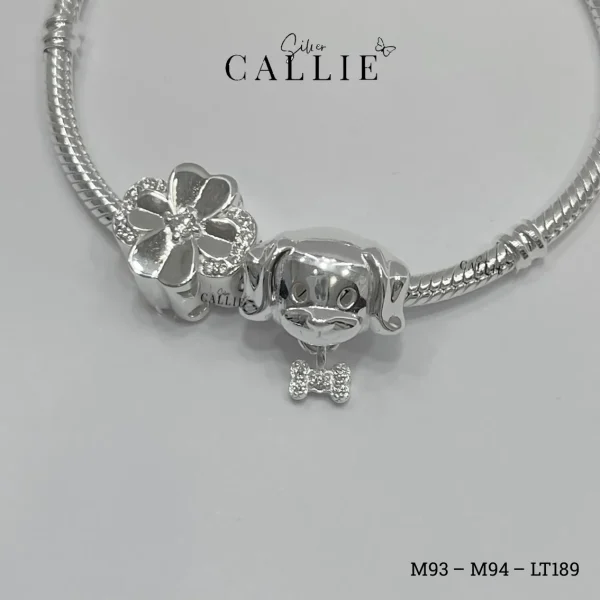 Lắc Tay Callie Silver Dây Trơn Khóa Trụ, Cún, Cỏ 4 Lá