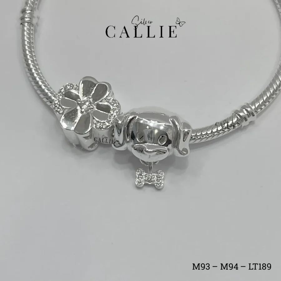 Lắc Tay Callie Silver Dây Trơn Khóa Trụ, Cún, Cỏ 4 Lá
