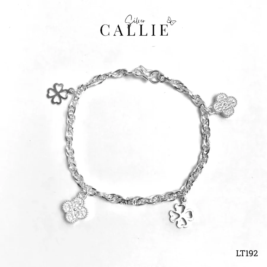 LT192 - Lắc tay bạc Callie Silver cỏ 4 lá đính đá và hình cỏ 4 lá