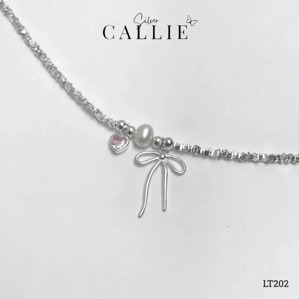 LT202 - Lắc tay bạc Callie Silver charm nơ ngọc và tim hồng