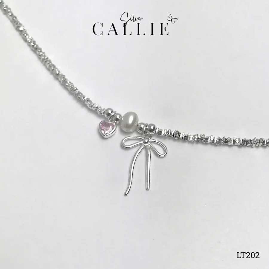 LT202 - Lắc tay bạc Callie Silver charm nơ ngọc và tim hồng