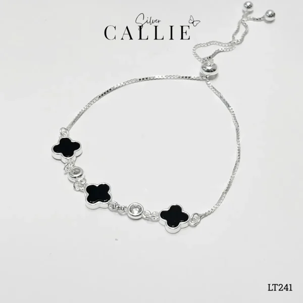 LT241 - Lắc tay bạc Callie Silver cỏ 4 lá đen dây rút