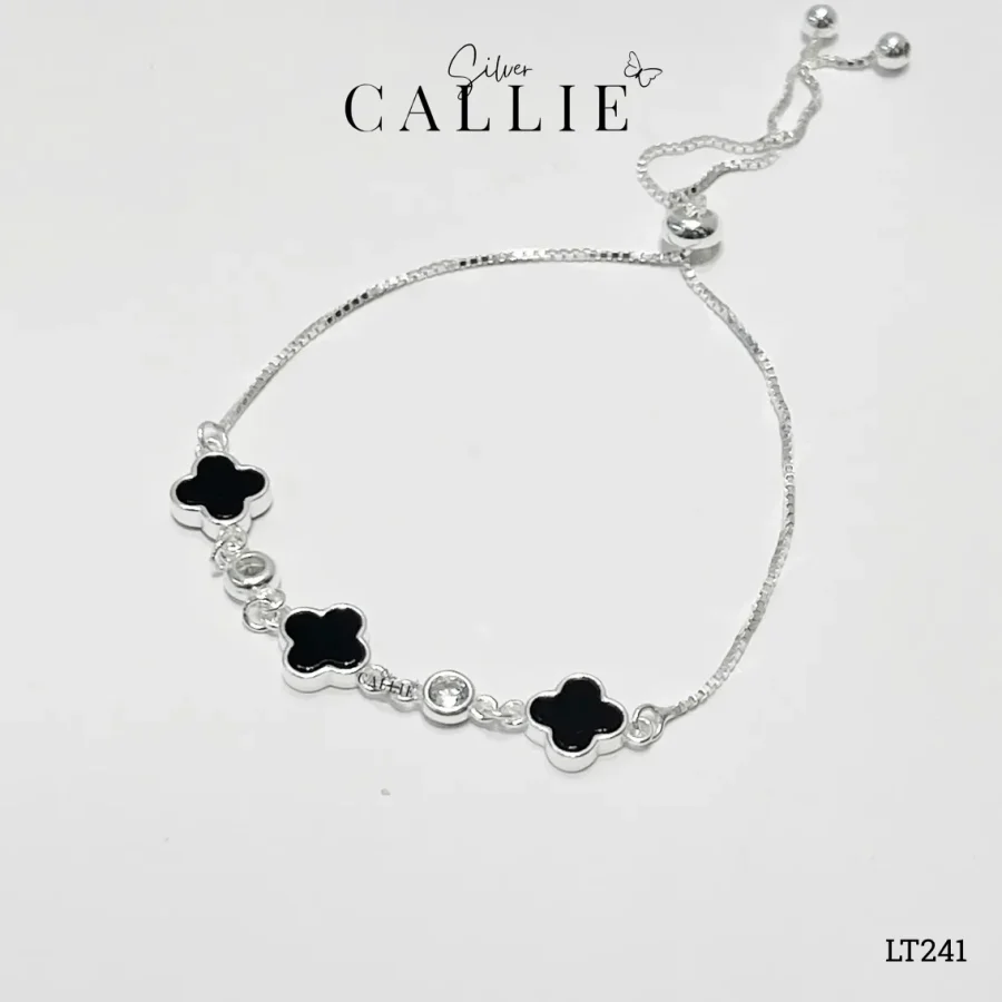 LT241 - Lắc tay bạc Callie Silver cỏ 4 lá đen dây rút