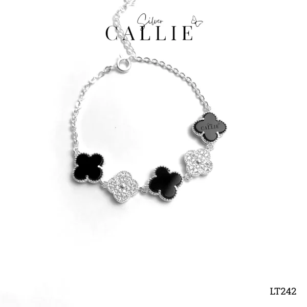 LT242 - Lắc tay bạc Callie Silver cỏ 4 lá đen xen kẽ cỏ 4 lá đính đá