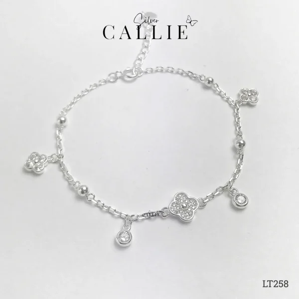 LT258 - Lắc tay bạc cỏ 4 lá đính đá kèm charm đá tròn