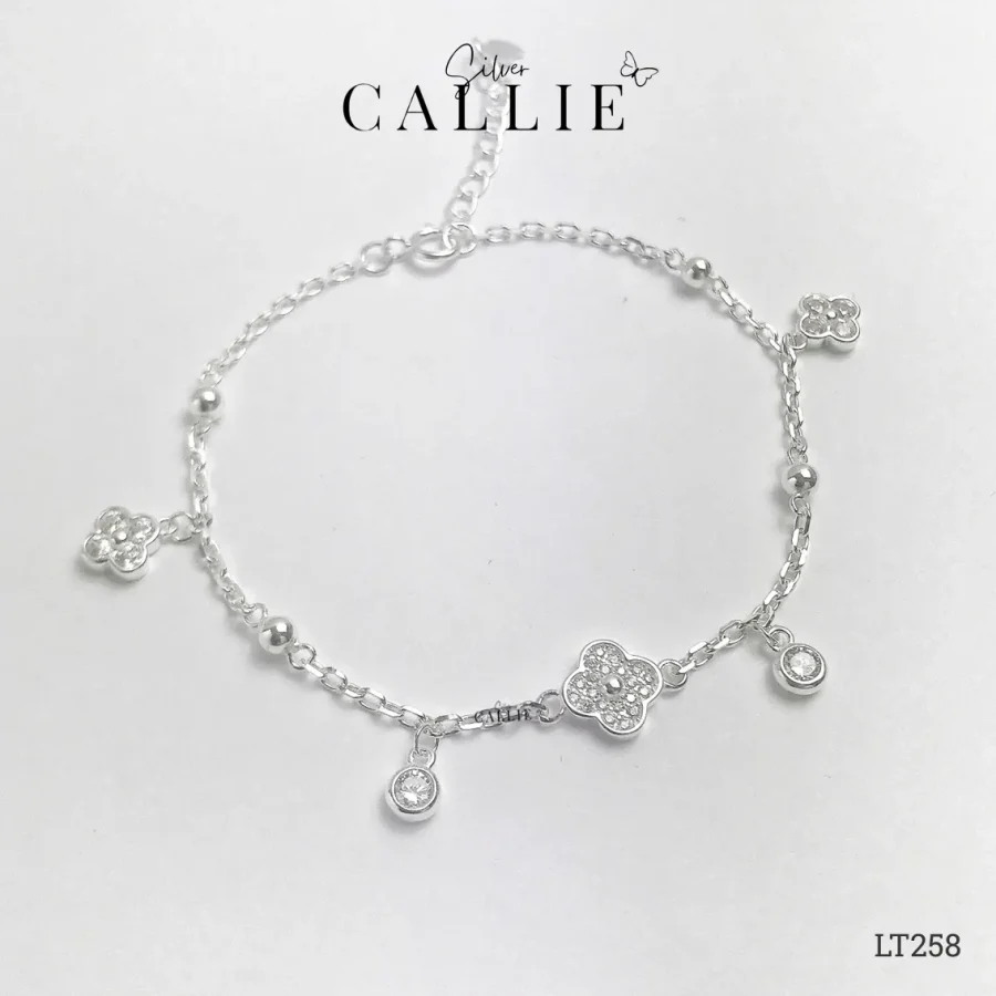 LT258 - Lắc tay bạc cỏ 4 lá đính đá kèm charm đá tròn
