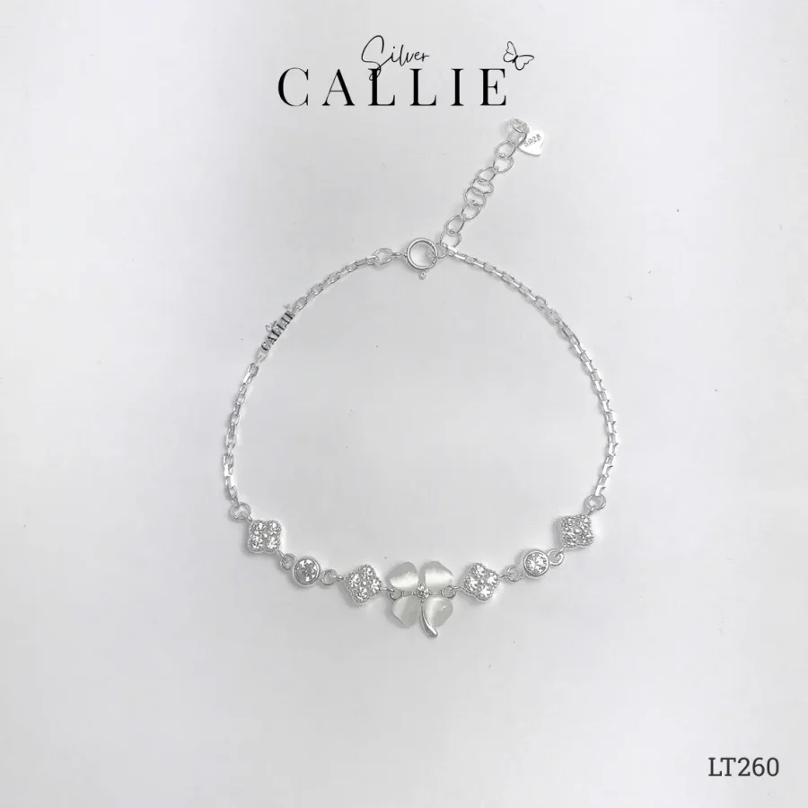 LT260 - Lắc tay bạc Callie Silver cỏ 4 lá đá trắng bầu