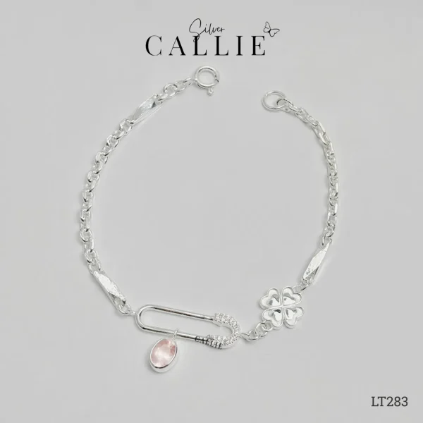 LT283 - Lắc tay thiết kế Callie Silver Safety Pin và đá Pink Quartz