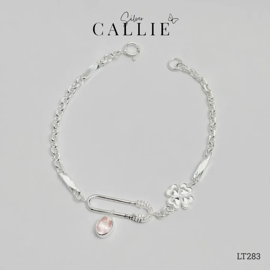 LT283 - Lắc tay thiết kế Callie Silver Safety Pin và đá Pink Quartz