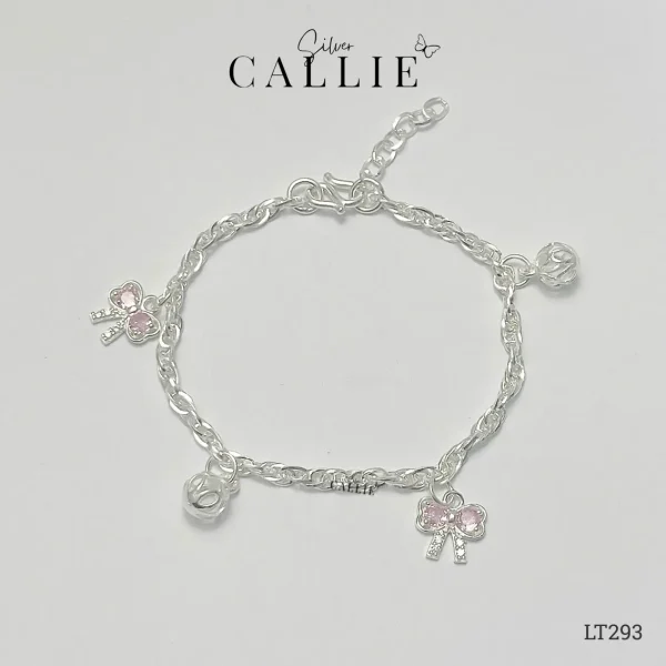 LT293 - Lắc tay bạc Callie Silver dây móc nơ đính đá hồng và cầu