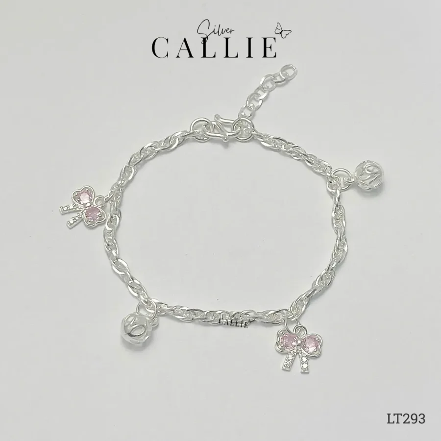 LT293 - Lắc tay bạc Callie Silver dây móc nơ đính đá hồng và cầu