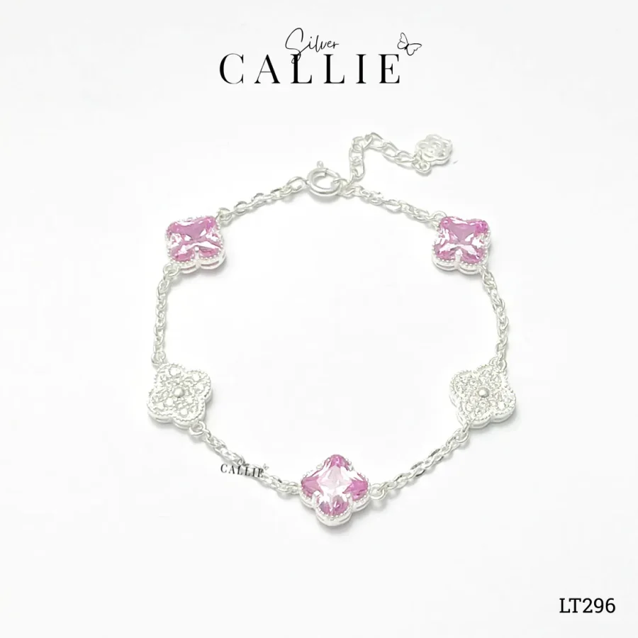 LT296 - Lắc tay bạc Callie Silver cỏ 4 lá hồng