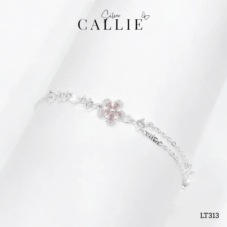 LT313 - Lắc Tay Bạc Callie Silver Hoa Đính Đá Hồng