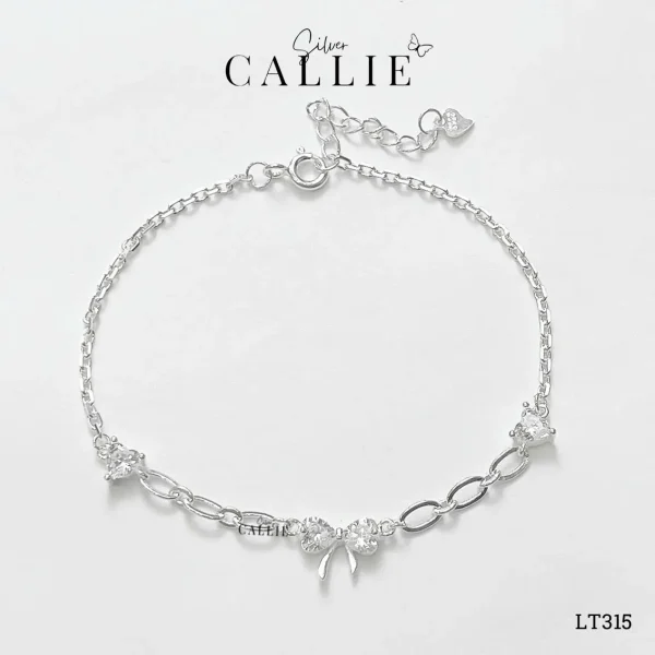 LT315 - Lắc Tay Bạc Callie Silver Nơ Kèm Trái Tim 2 Bên