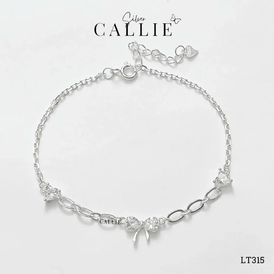LT315 - Lắc Tay Bạc Callie Silver Nơ Kèm Trái Tim 2 Bên
