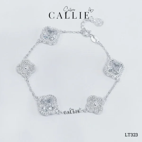 LT323 - Lắc tay bạc Callie Silver cỏ 4 lá Trắng đuôi tăng đơ kim tiền