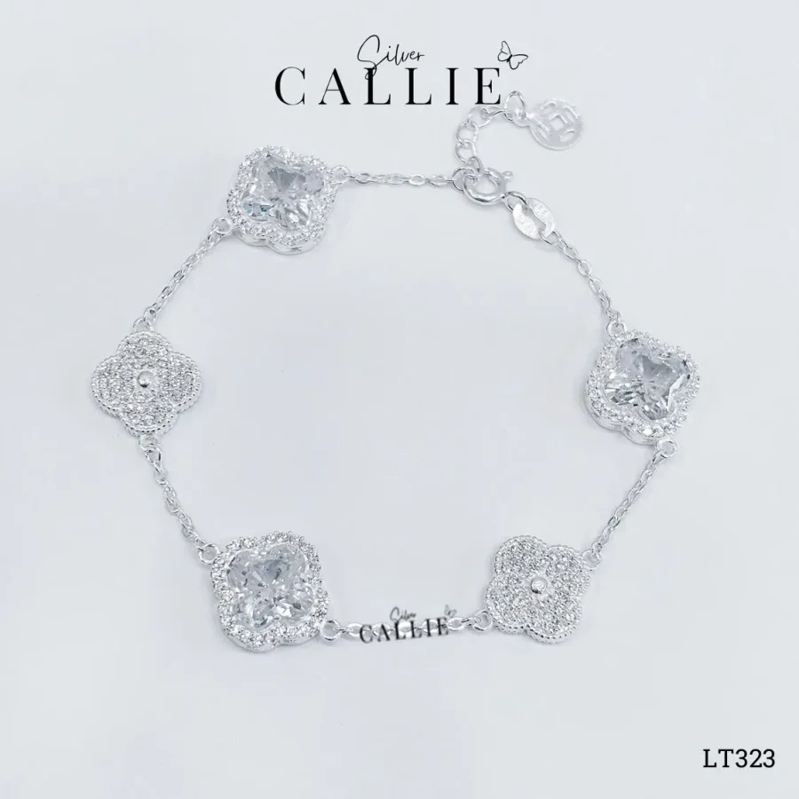 LT323 - Lắc tay bạc Callie Silver cỏ 4 lá Trắng đuôi tăng đơ kim tiền