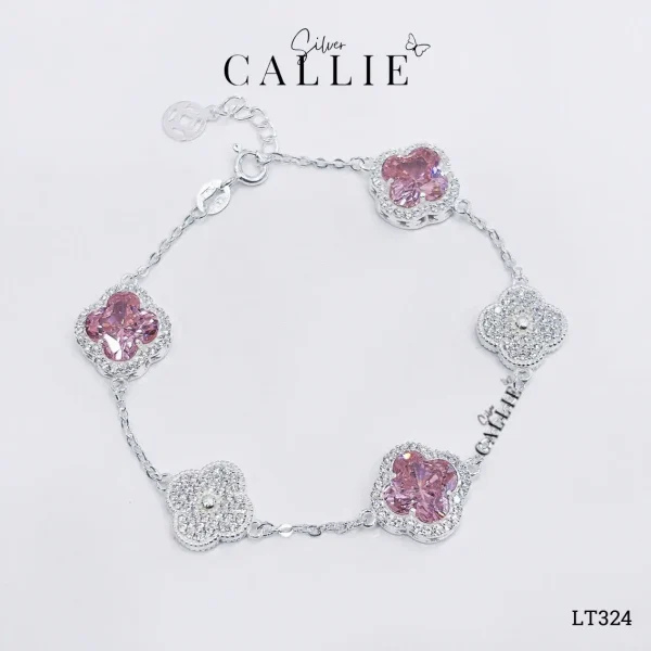 LT324 - Lắc tay bạc Callie Silver cỏ 4 lá Hồng đuôi tăng đơ kim tiền