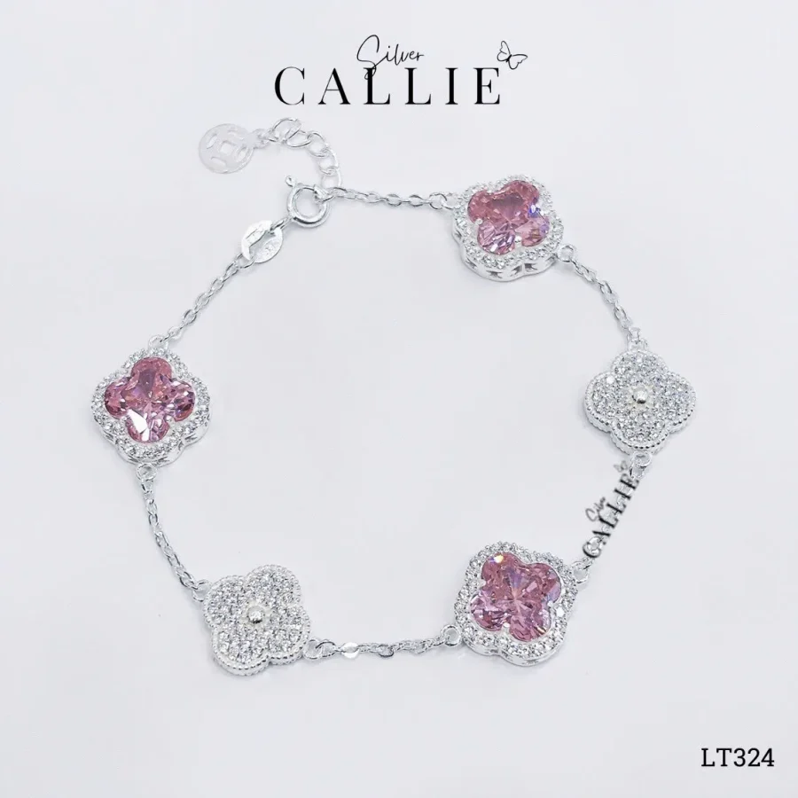 LT324 - Lắc tay bạc Callie Silver cỏ 4 lá Hồng đuôi tăng đơ kim tiền
