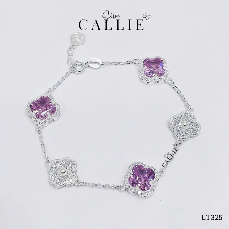 LT325 - Lắc tay bạc Callie Silver cỏ 4 lá hồng tím đuôi tăng đơ kim tiền