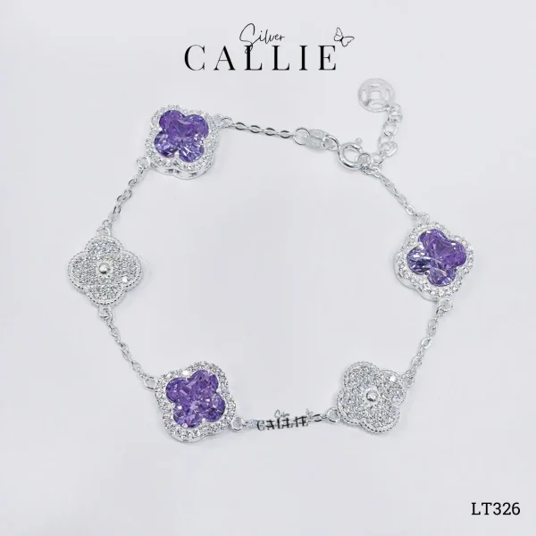 LT326 - Lắc tay bạc Callie Silver cỏ 4 lá Tím đuôi tăng đơ kim tiền