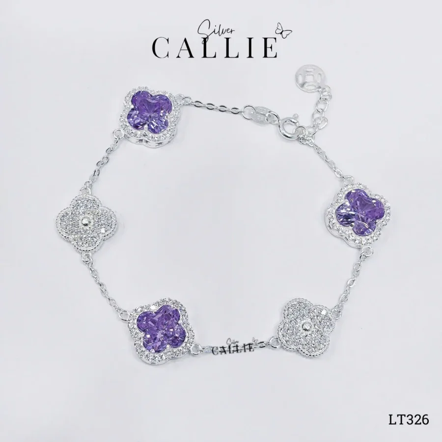 LT326 - Lắc tay bạc Callie Silver cỏ 4 lá Tím đuôi tăng đơ kim tiền