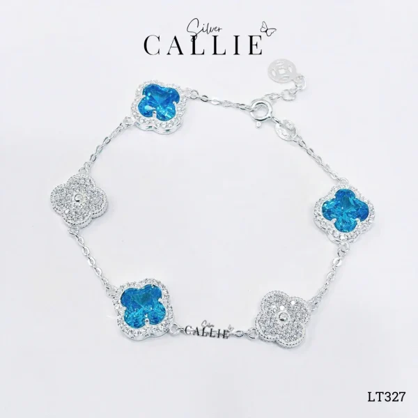 LT327 - Lắc tay bạc Callie Silver cỏ 4 lá Xanh đuôi tăng đơ kim tiền