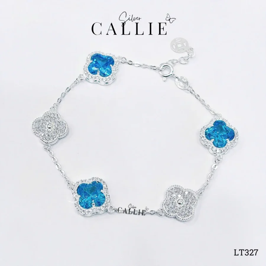 LT327 - Lắc tay bạc Callie Silver cỏ 4 lá Xanh đuôi tăng đơ kim tiền